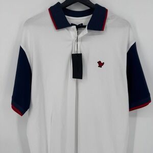Bad Birdie Men's Golf Pique Polo Shirt White Navy Red Bird Embroidered Large NWT